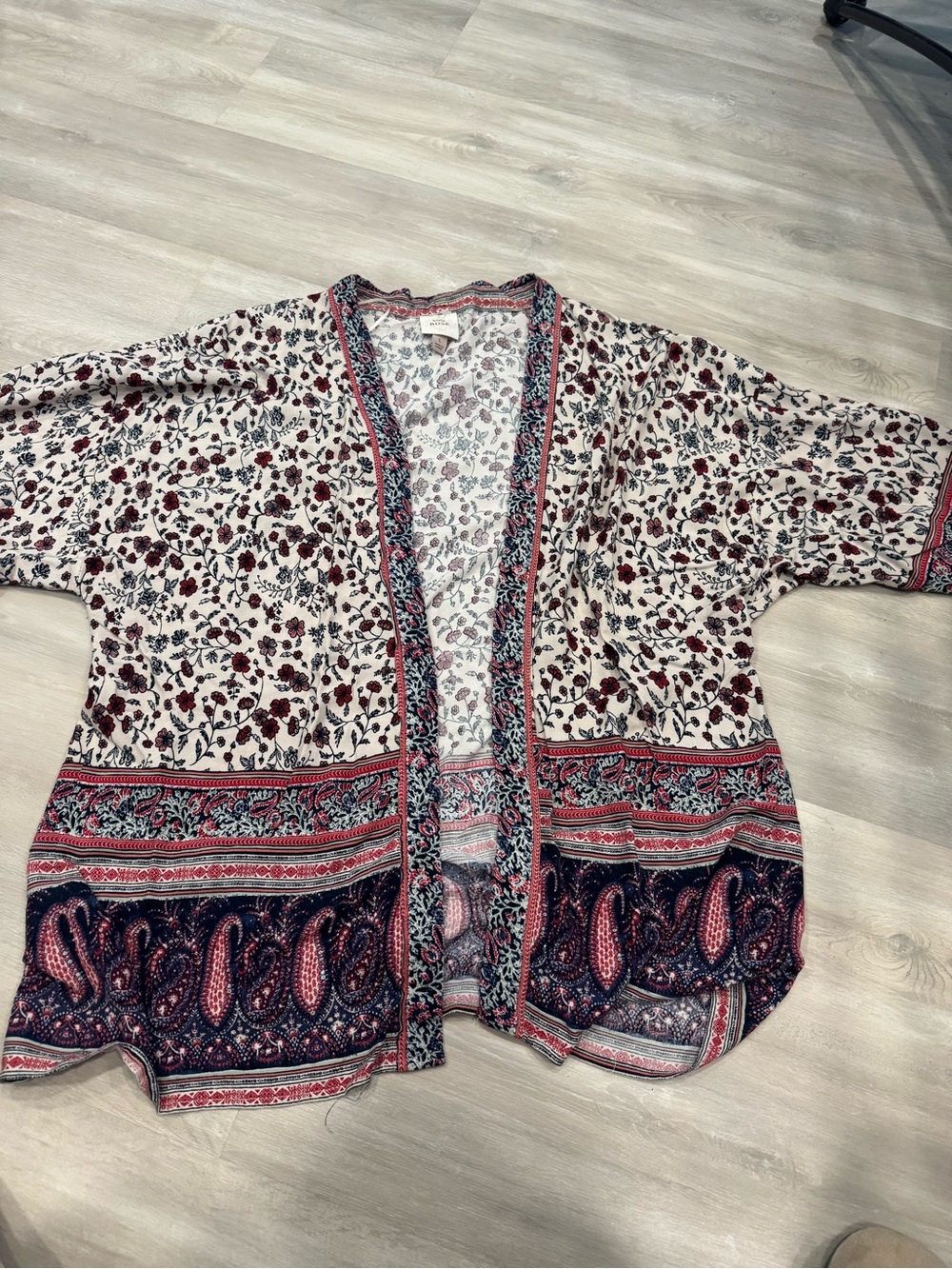 Knox Rose Cream Kimono Cardigan with Red & Navy Paisley Border